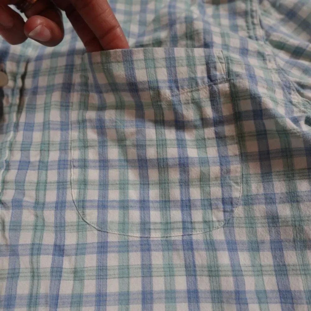 FAHERTY MEN L SHIRT‎ BUTTON DOWN COTTON NEWPORT CHECK BLUE GINGHAM LONG SLEEVE